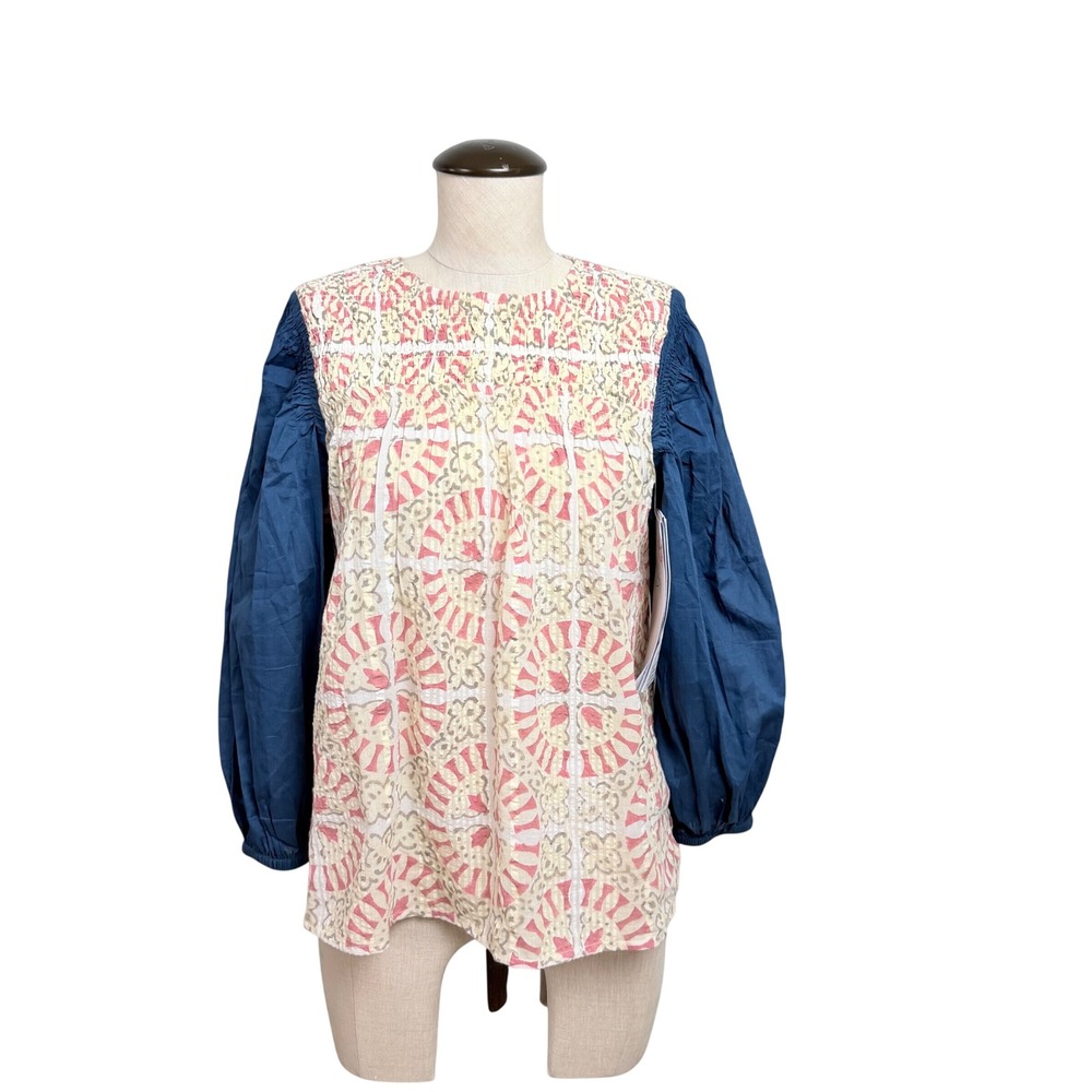 NEW Cleobella Printed Smocked Blouse Navy  Balloon Sleeve Pink Yellow Sample S